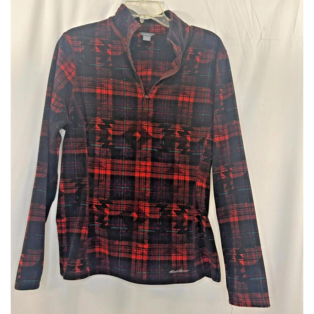 Eddie Bauer Women’s Red Flannel Plaid 1/4 Zip Pullover Size Large Fleece Jacket